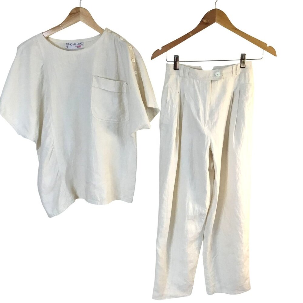 DINO VALIANO Linen Set Women 2 Pc Cream West Germany Top & High Waist Pants 36 S